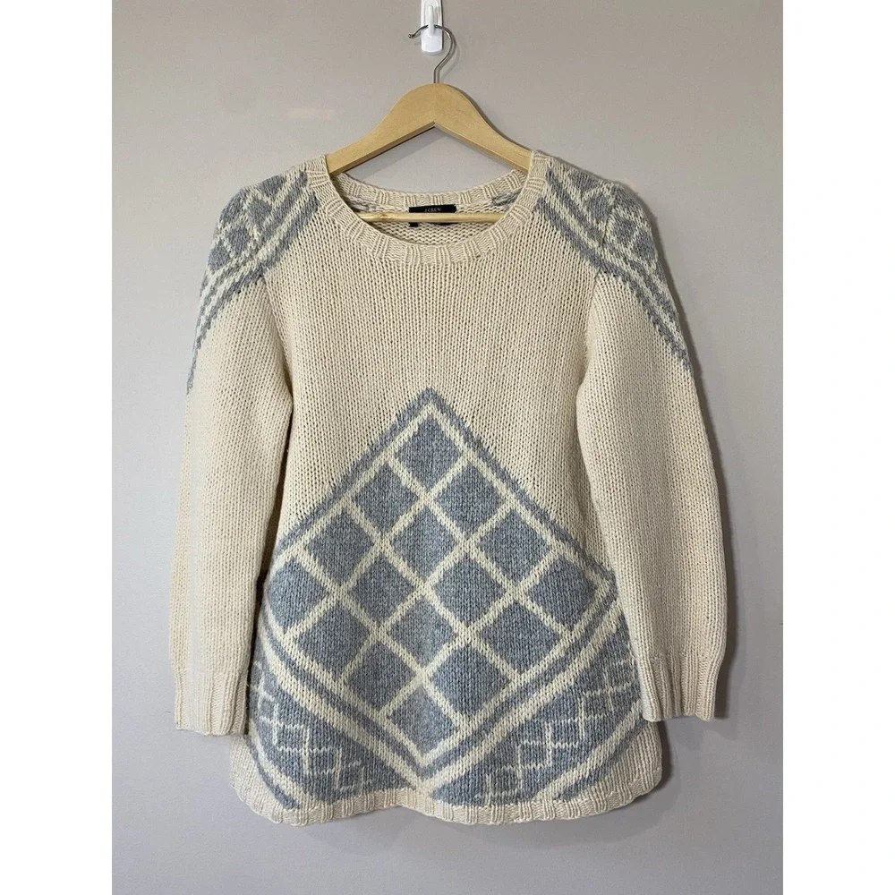 J. Crew Cream Blue Diamond Fair Isle Knit Wool Cashmere‎ Sweater Tunic 37